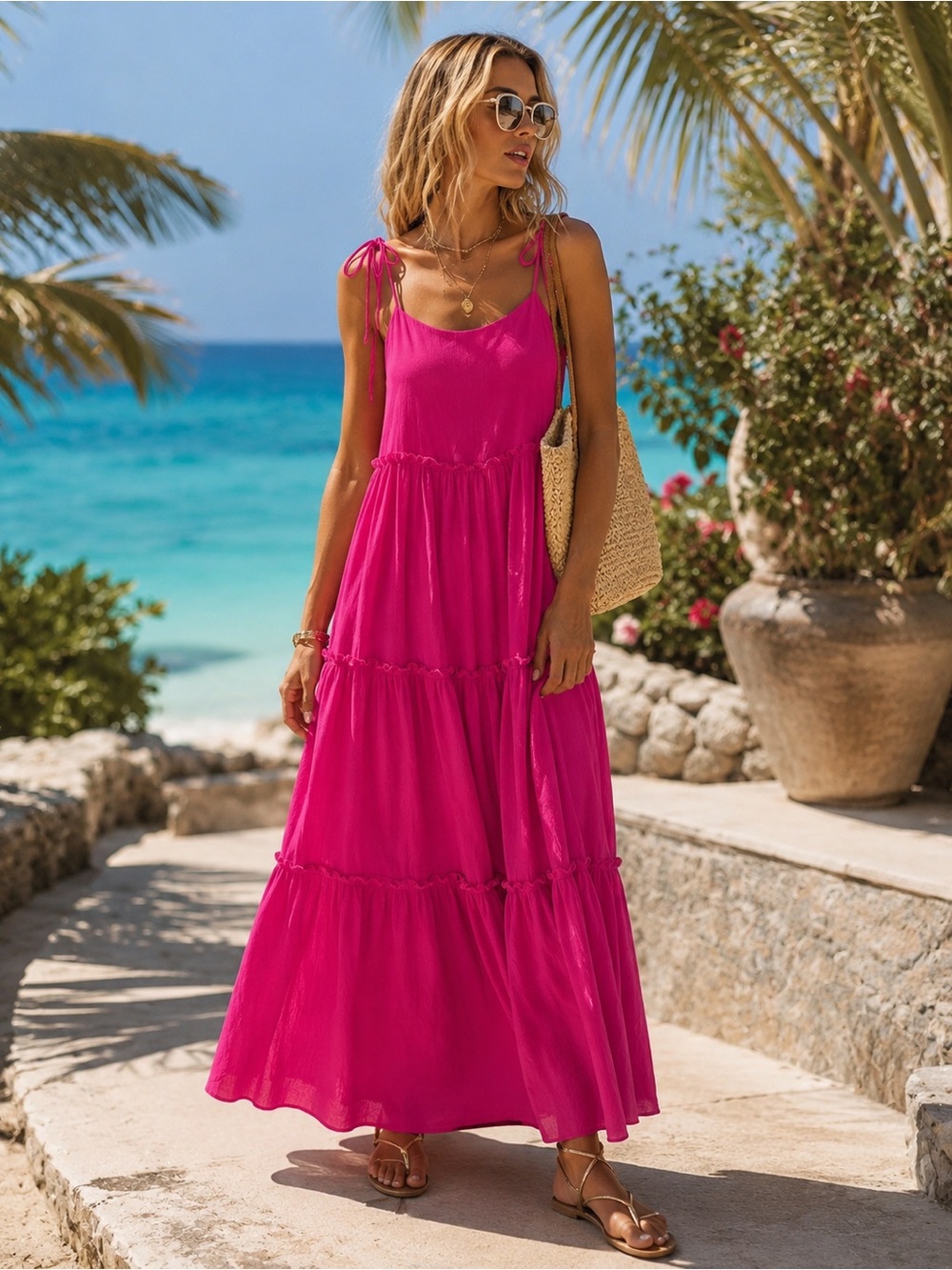 NWT Hunter & Brown Fuchsia Tiered Maxi Dress Small Resortwear
